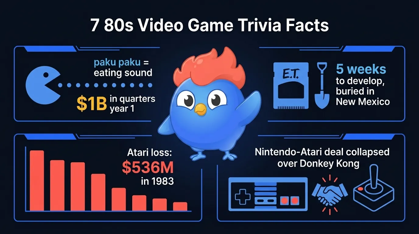 Infographic showing 7 80s video game trivia facts: Pac-Man earned $1 billion in quarters in year one, E.T. was developed in 5 weeks and buried in New Mexico, Atari lost $536 million in the 1983 crash, and the Nintendo-Atari deal fell apart over Donkey Kong