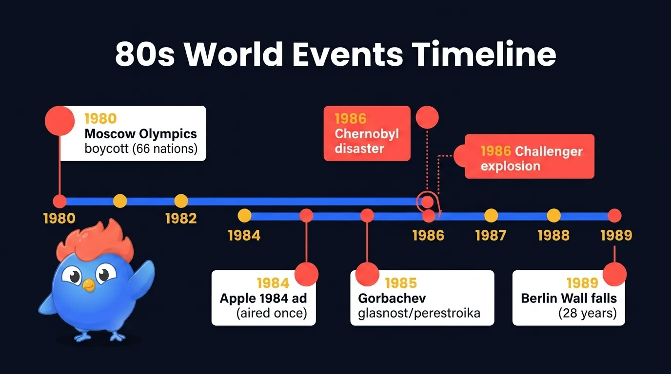 80s world events timeline from 1980 to 1989: Moscow Olympics boycott by 66 nations, Apple 1984 ad aired once, Chernobyl and Challenger both in 1986, Gorbachev's glasnost and perestroika in 1985, and the Berlin Wall falls after 28 years in 1989