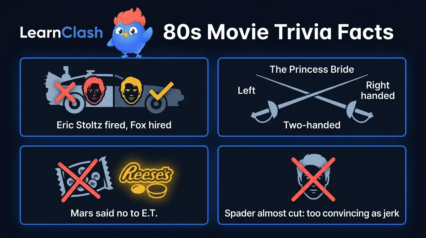 Infographic showing 8 80s movie trivia facts: Eric Stoltz was fired as Marty McFly, Mars refused E.T.'s M&M deal, Princess Bride actors learned both left and right-handed fencing, and James Spader almost lost his Pretty in Pink role
