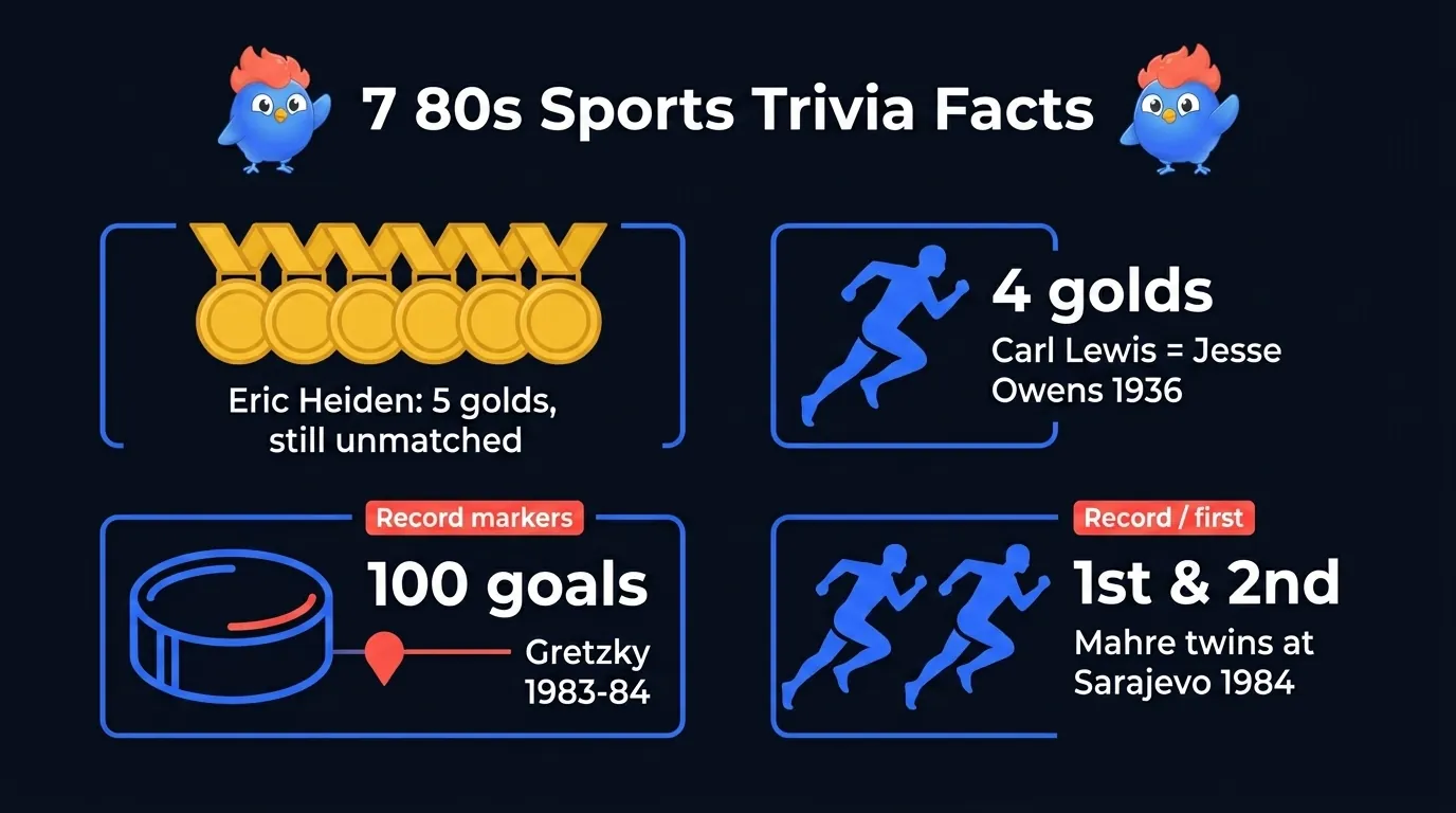Infographic showing 7 80s sports trivia facts: Eric Heiden won 5 golds and remains unmatched, Carl Lewis matched Jesse Owens 1936 performance, Gretzky scored 100 goals in 1983-84, and the Mahre twins finished 1st and 2nd at Sarajevo