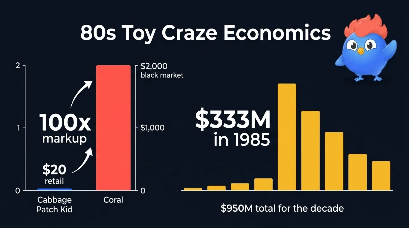 80s toy craze economics: Cabbage Patch Kids had a 100x markup from $20 retail to $2,000 black market, and Transformers generated $333 million in 1985 alone reaching $950 million for the decade