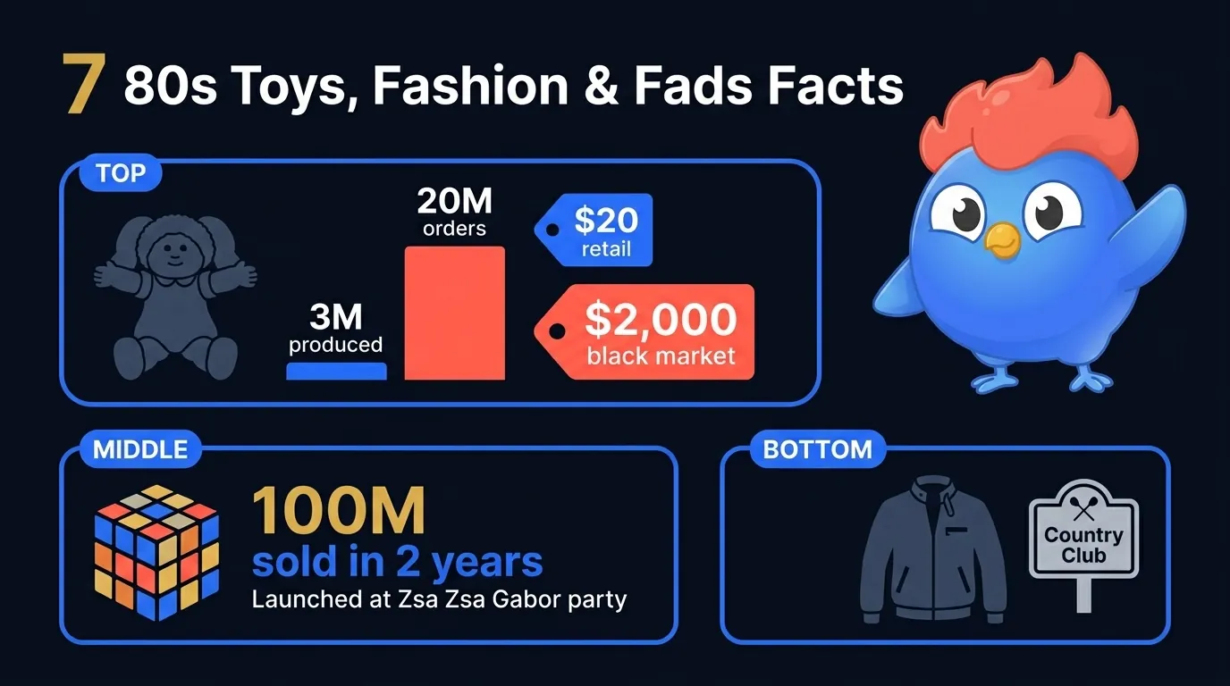 Infographic showing 7 80s toys and fashion facts: Cabbage Patch Kids had 3M produced vs 20M orders with $2,000 black market prices, Rubik's Cube sold 100M in 2 years and launched at Zsa Zsa Gabor's party, and Members Only jackets were inspired by a country club sign