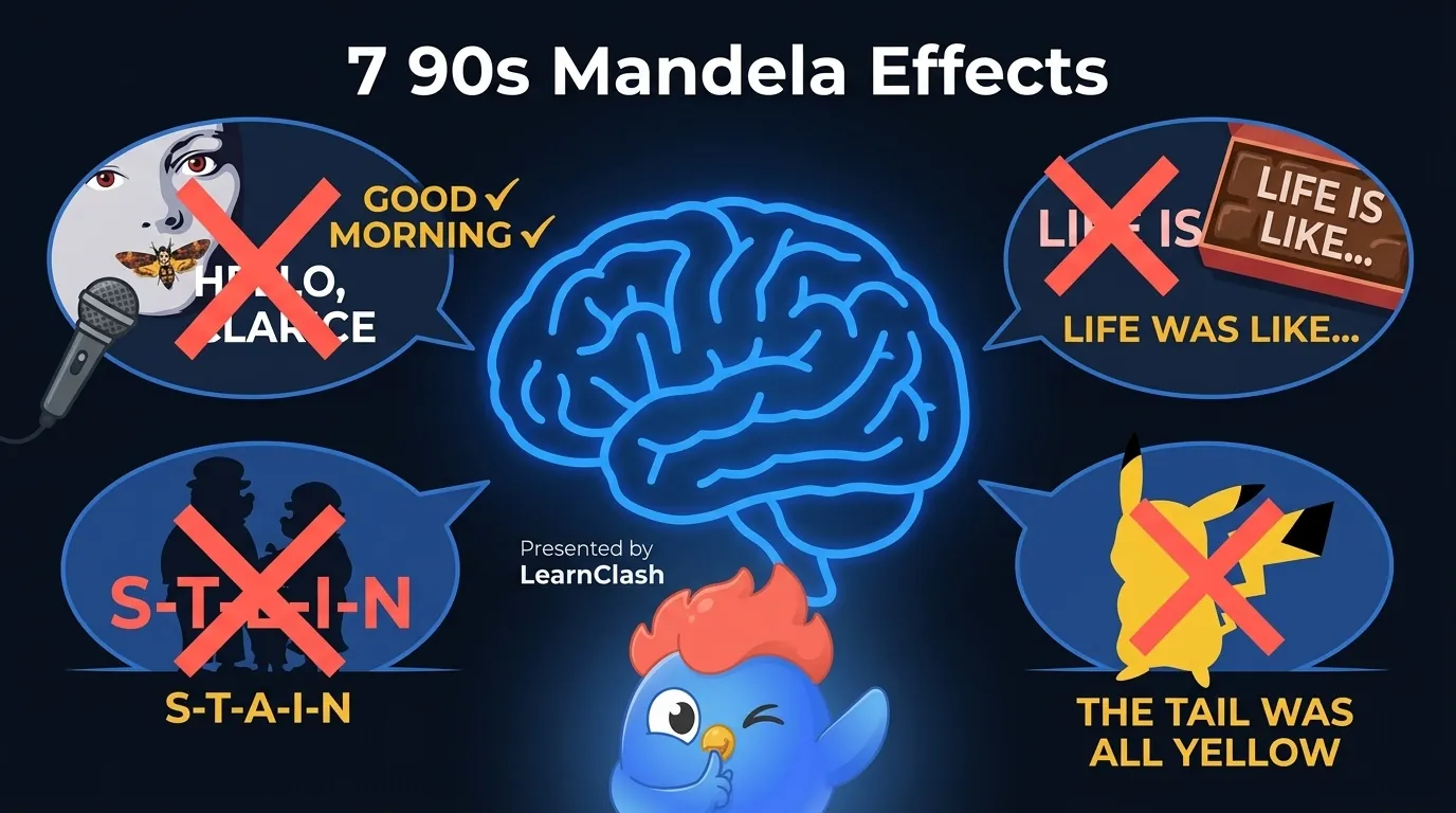 Infographic showing 7 Mandela effects from the 90s: Hannibal Lecter actually says Good morning not Hello Clarice, Forrest Gump says life WAS like not IS like a box of chocolates, and the Sinbad genie movie never existed