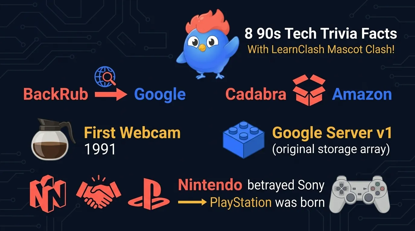 Infographic showing 90s tech company name changes: BackRub became Google, Cadabra became Amazon, AuctionWeb became eBay, and Jerry's Guide became Yahoo, all on a circuit board design