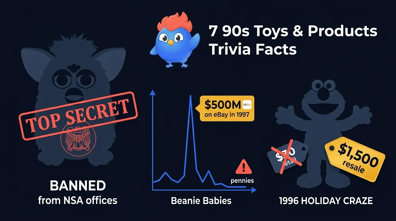 Infographic showing 90s toy and product facts: Furbies banned by the NSA, Beanie Babies $500M total on eBay in 1997 then crashed to pennies, Tickle Me Elmo resold at 50x retail price