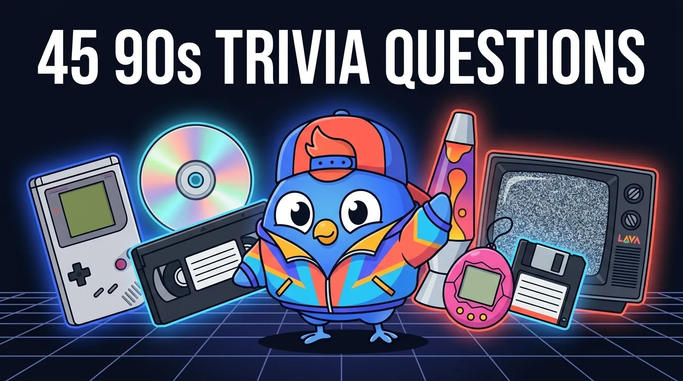 45 90s trivia questions covering movies, music, TV shows, technology, toys, and Mandela effects with difficulty levels from easy to hard