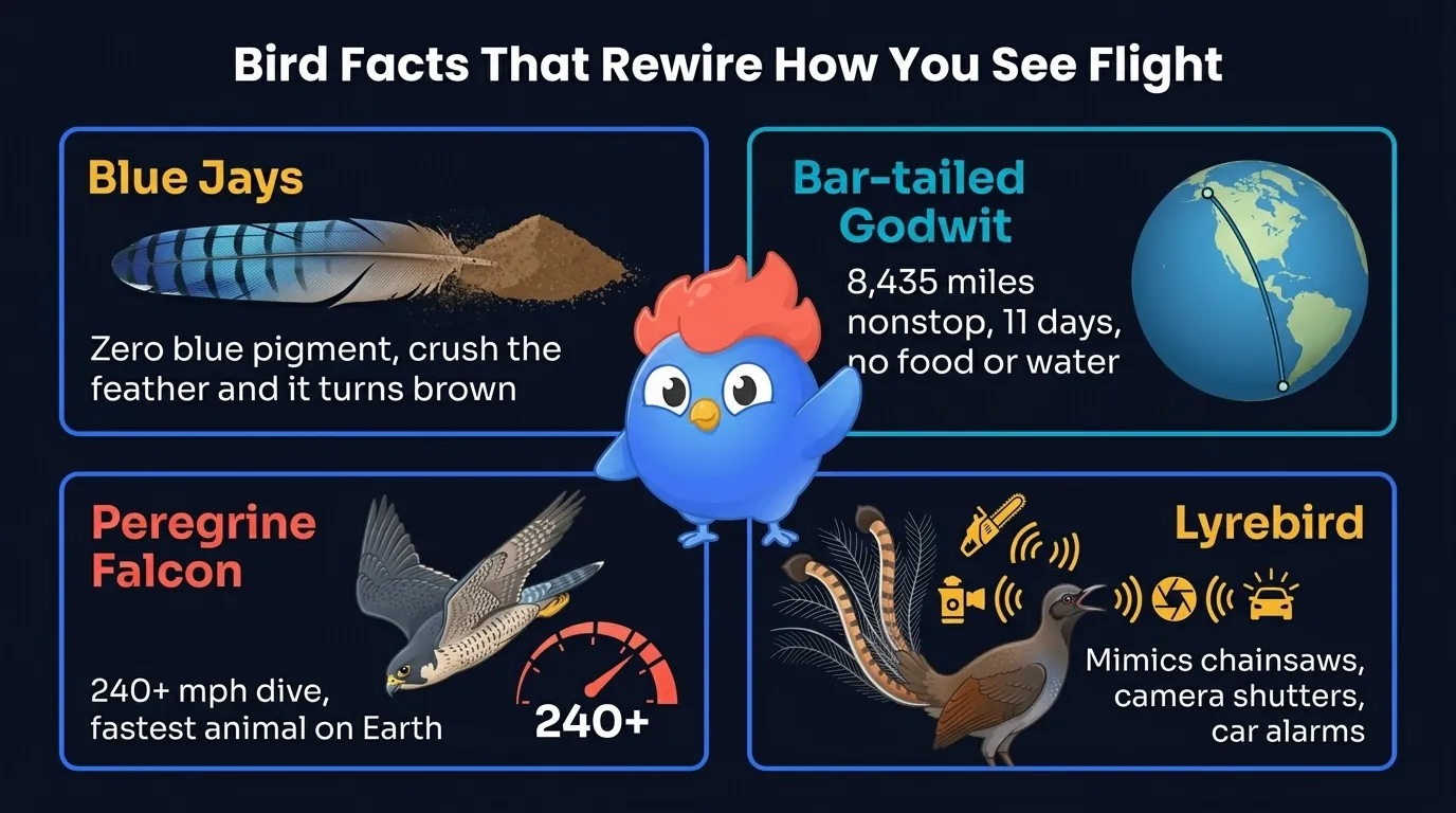 7 bird trivia highlights: blue jays zero blue pigment, godwit 8,425 mile nonstop flight, hummingbird flies backwards, flamingos born gray take 3 years to turn pink, peregrine falcon dives 240 mph, albatross 11.5 foot wingspan, lyrebird mimics chainsaws