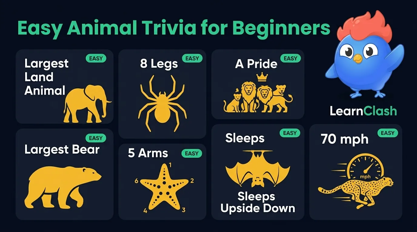 7 easy animal trivia facts: elephant largest land animal, spider 8 legs, lion group called a pride, polar bear largest bear, bats sleep upside down, starfish 5 arms, cheetah 70 mph