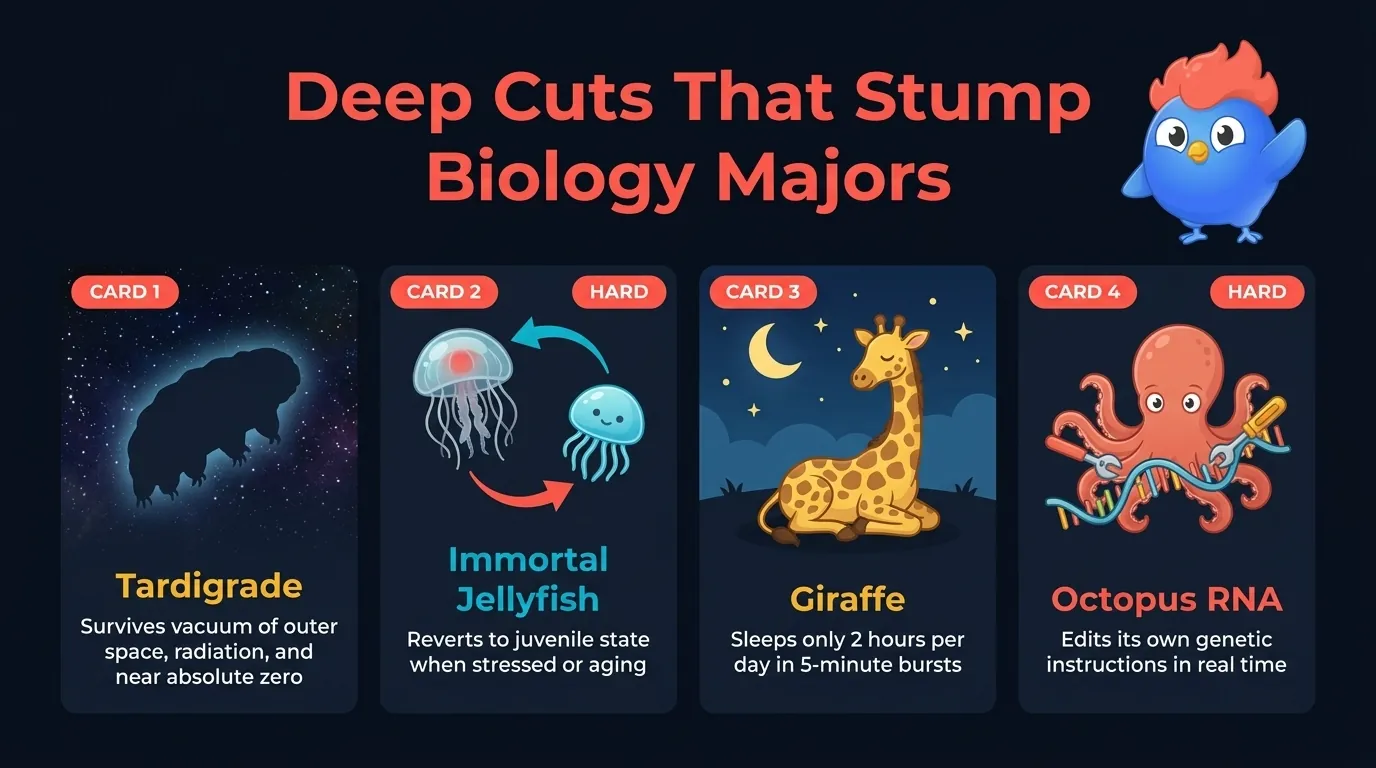 8 hard trivia highlights: tardigrade survives space, immortal jellyfish, octopus 500 million neurons mostly in arms, giraffe sleeps 2 hours, jellyfish 95% water, pistol shrimp 218 decibels, arctic tern 44,000 mile migration, octopus RNA self-editing