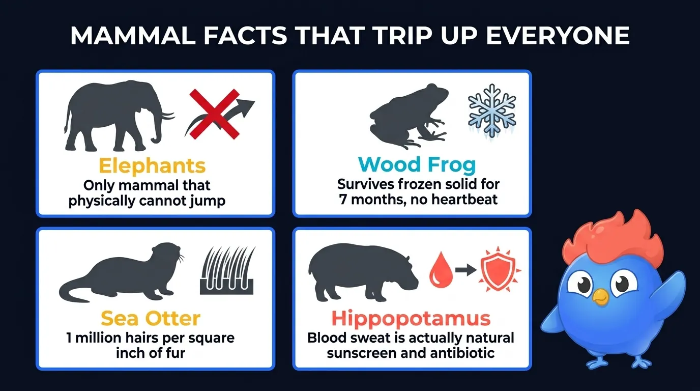 9 mammal trivia highlights: elephants can't jump, wood frogs freeze solid for months, koala fingerprints match humans, sea otters have 1 million hairs per square inch, naked mole rats are thermoconformers, cows have 4 stomach compartments, pandas eat 14 hours daily, hippos bite at 1,800 PSI, hippo blood sweat is sunscreen