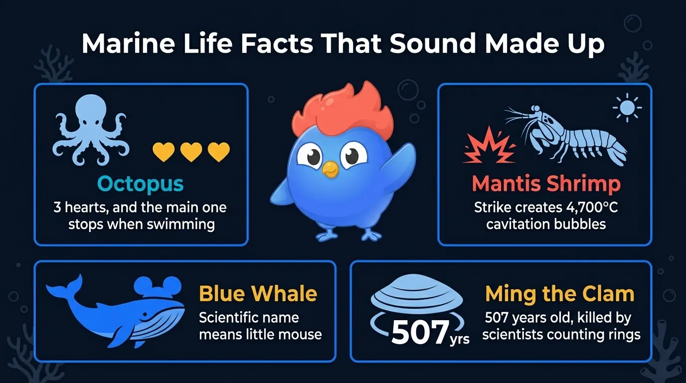 8 ocean trivia highlights: octopus 3 hearts, sponge reassembles from separated cells, blue whale means little mouse, mantis shrimp exceeds 4700C, clownfish change sex, Ming the clam 507 years, colossal squid 11-inch eyes, leech 32 ganglia