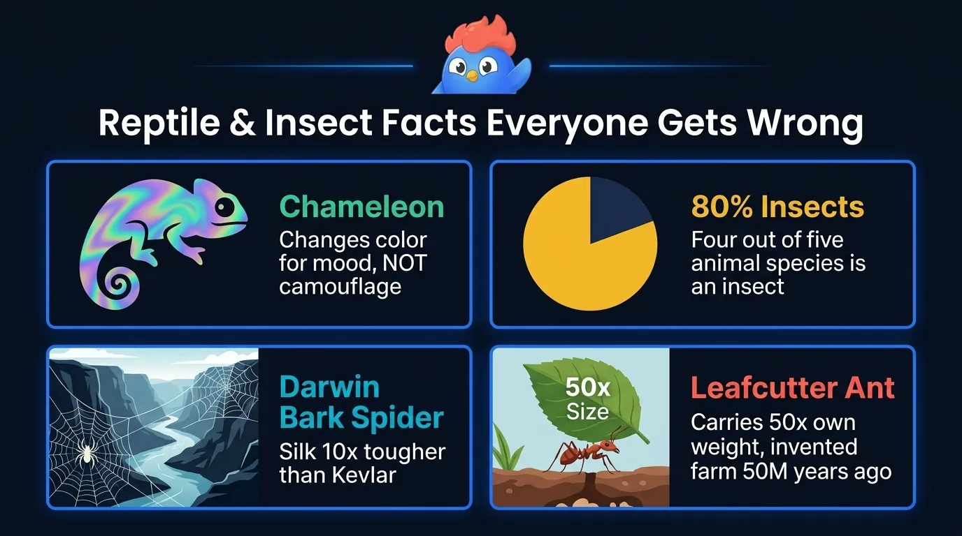 8 reptile and insect highlights: chameleons change color for mood not camouflage, housefly 200 wingbeats per second, cockroach survives decapitation, gecko tail regrowth, 80% of species are insects, pistol shrimp near-sun temperature snap, Darwin's bark spider silk stronger than Kevlar, leafcutter ant carries 50x weight