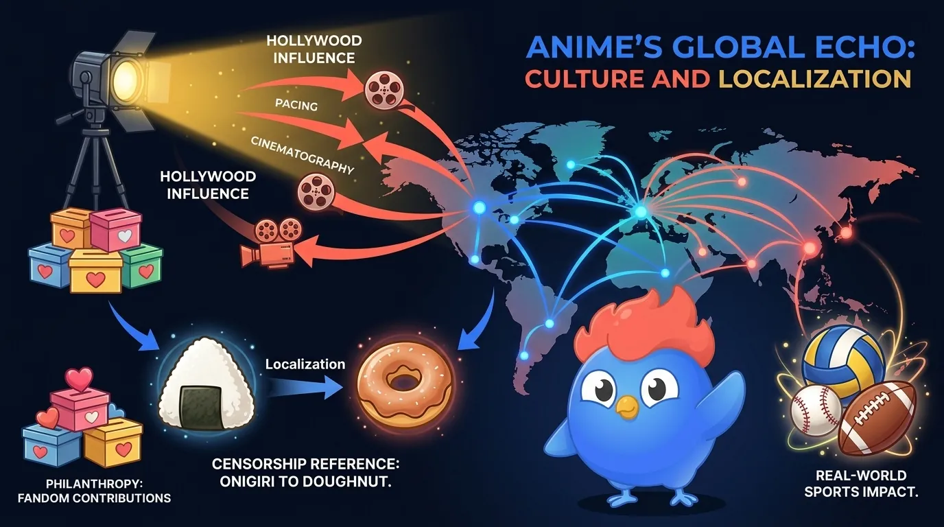 7 anime cultural impact facts: 4Kids renamed onigiri to jelly doughnuts, Sanji's cigarettes became lollipops, Death Note banned in China, Tiger Mask inspired real donations, The Matrix was inspired by Ghost in the Shell, Haikyuu increased volleyball participation, 44% of Americans 18-24 watch anime