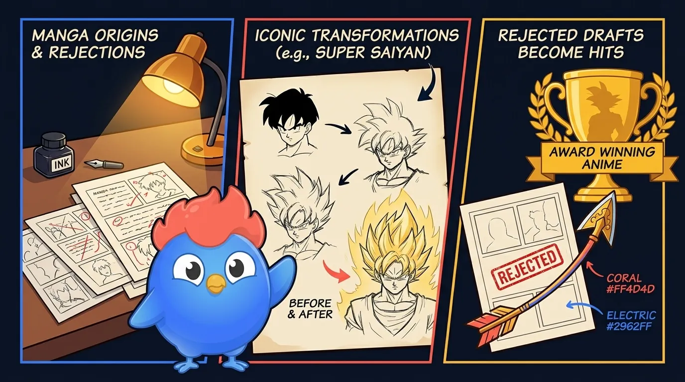 7 anime creator facts: Super Saiyan hair saved ink time, Toriyama's favorite character is Piccolo, Launch was forgotten entirely, Bleach was rejected by Jump, Cowboy Bebop music came first, JJK had a different lead, Deku's first design was scrapped