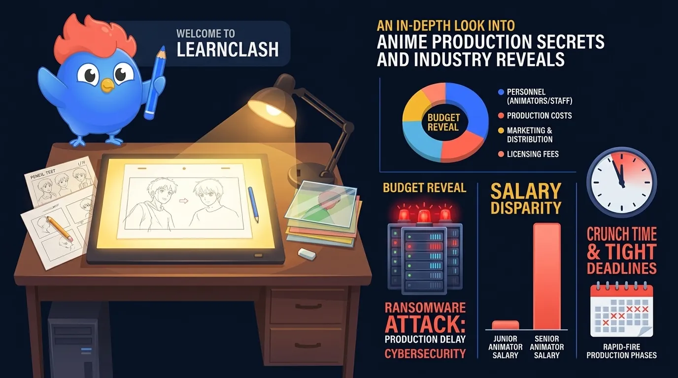 7 anime making facts: episodes cost $100K-$200K, Evangelion premiered with only 2 finished episodes, final Eva episodes were budget collapse, Toei ransomware halted 4 shows, Bakugo was once kind, Japan has 10,000+ voice actors, 45% of Bleach is filler