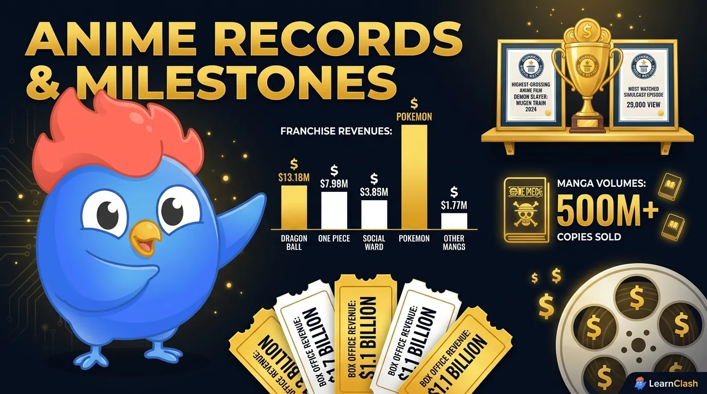 7 anime record facts: Pokemon is highest-grossing franchise, One Piece holds Guinness for sales, Golgo 13 is longest manga, Demon Slayer Infinity Castle grossed $718M, Demon Slayer outsold One Piece 10:1 in 2020, Akira invented 50 new colors, Mirai was first non-Ghibli Oscar nomination