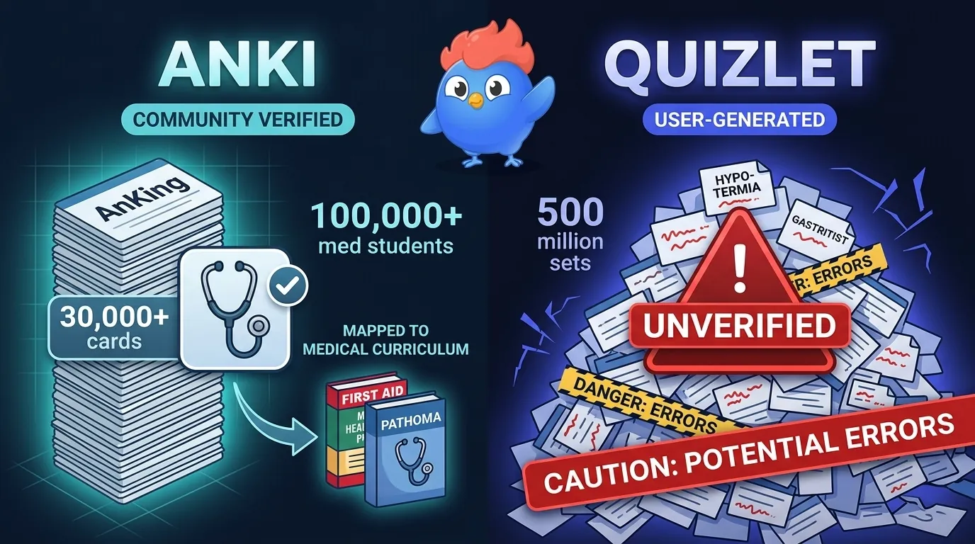 Split-screen content library comparison: Anki shows curated AnKing deck with 30,000 cards and 100,000+ med students verified, mapped to First Aid and Pathoma; Quizlet shows massive unverified 500 million set pile with warning icons
