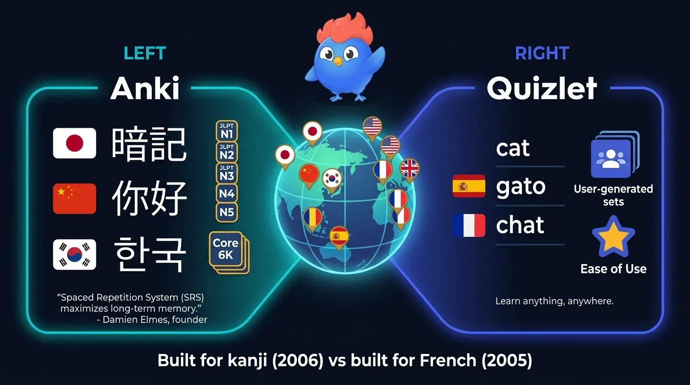 Globe with flag markers: Anki side shows Japanese kanji 暗記, Mandarin 你好, Korean 한국, JLPT N1-N5 badges and Core 6K deck; Quizlet side shows Spanish and French vocabulary sets with audio and images