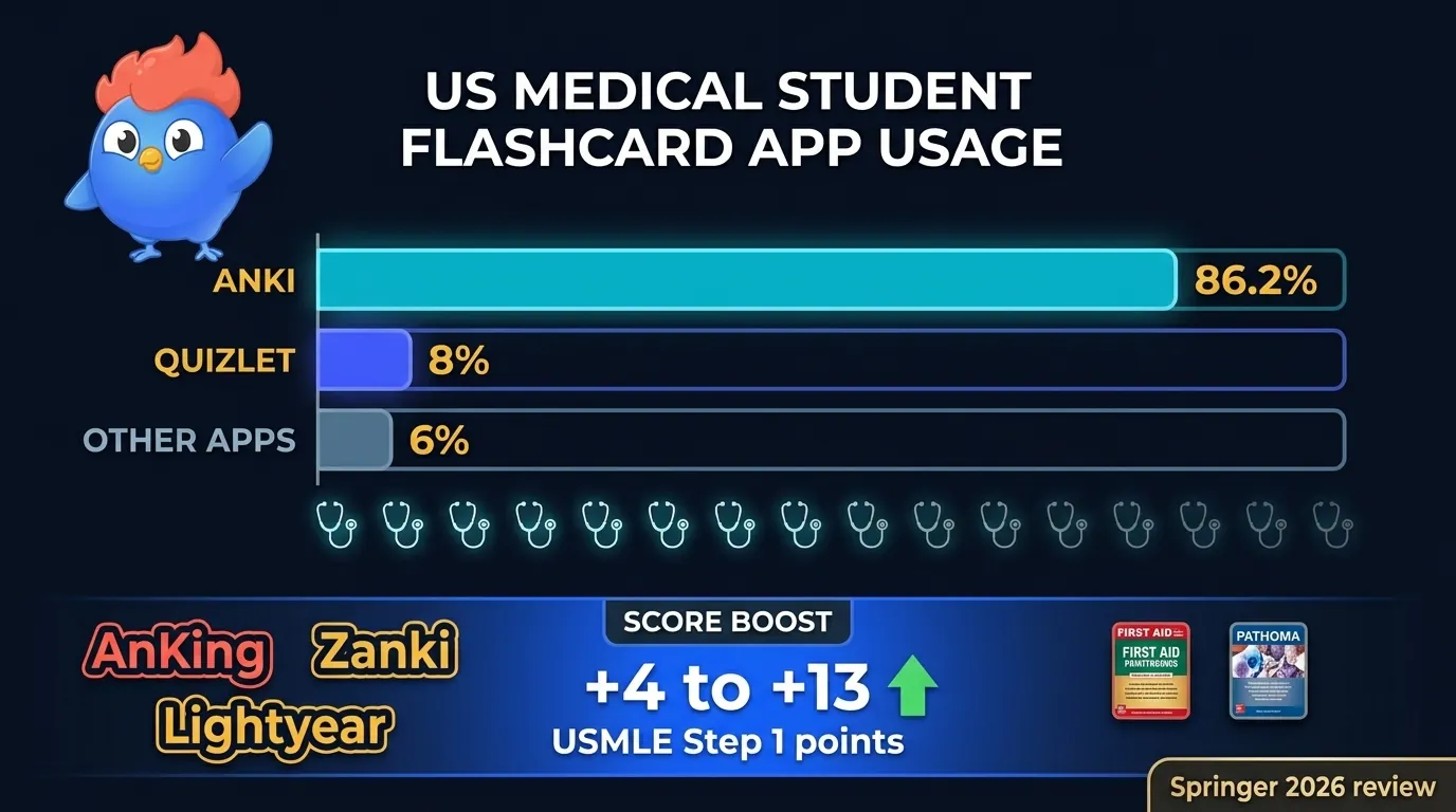 Bar chart showing 86.2% of US medical students use Anki versus 8% Quizlet, with AnKing Zanki Lightyear deck badges and a plus 4 to 13 USMLE Step 1 points stat from a Springer 2026 systematic review