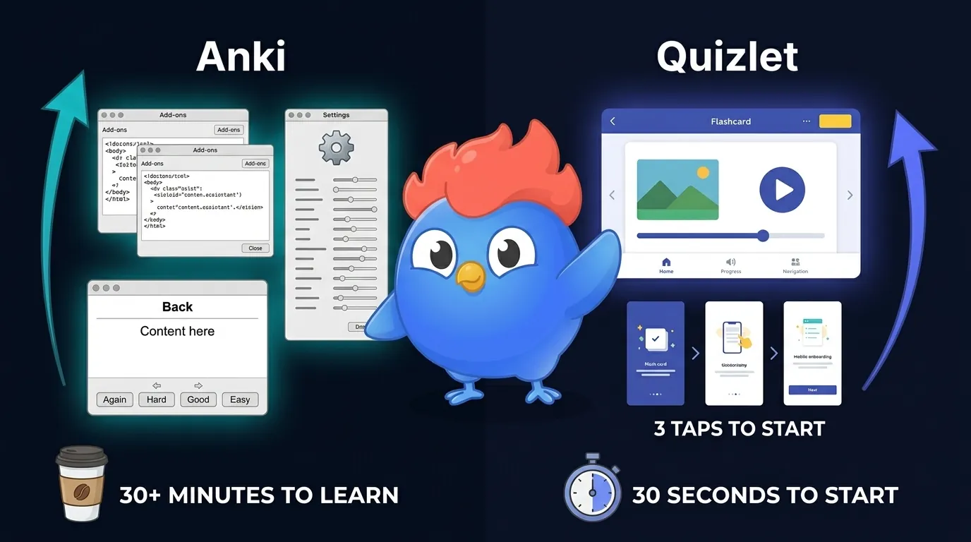 Split-screen comparing user experience: Anki with minimalist gray text-only interface and steep learning curve versus Quizlet with colorful polished mobile-first cards and 30-second onboarding