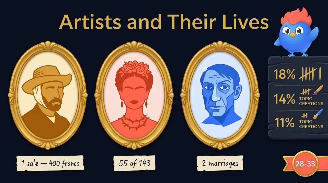 Three artist self-portraits: Vincent van Gogh from 1889 Saint-Rémy, Frida Kahlo from 1940 with thorn necklace, and Pablo Picasso from a 1907 cubist self-portrait study
