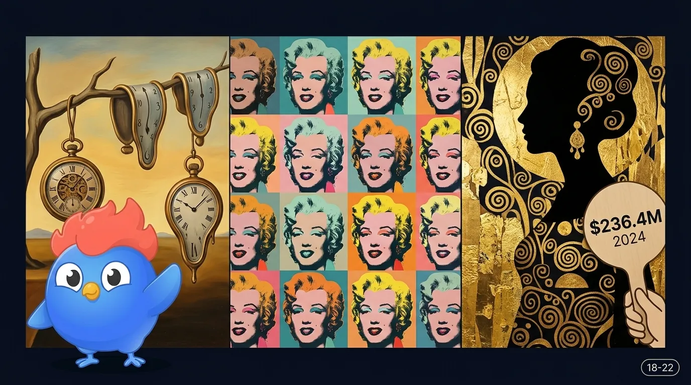 Modern art visual showing Dalí's melting clocks from The Persistence of Memory (1931) alongside Warhol's 1962 Marilyn Monroe silkscreen grid in pop-art style