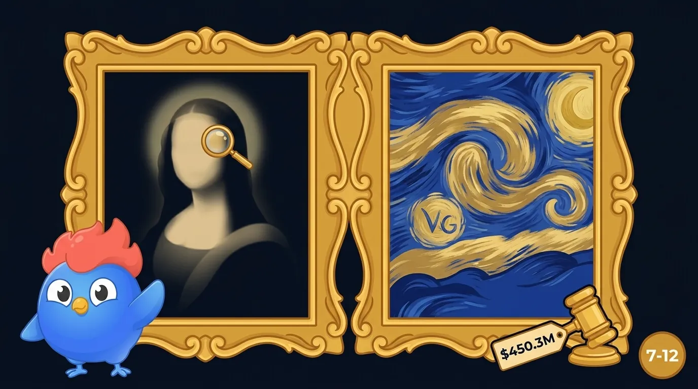 Composite of Mona Lisa (1503-1519) and The Starry Night (1889) with highlight markers on hidden details including faded eyebrows and Van Gogh's monogram in the swirling clouds