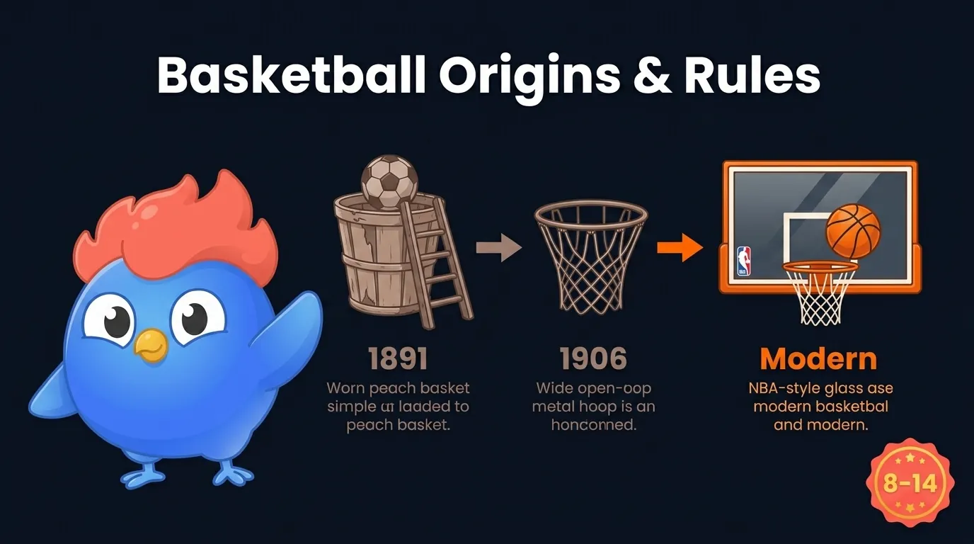 Timeline showing the evolution of basketball equipment from 1891 peach baskets and soccer balls to 1906 open nets, 1954 shot clock, and the modern NBA court