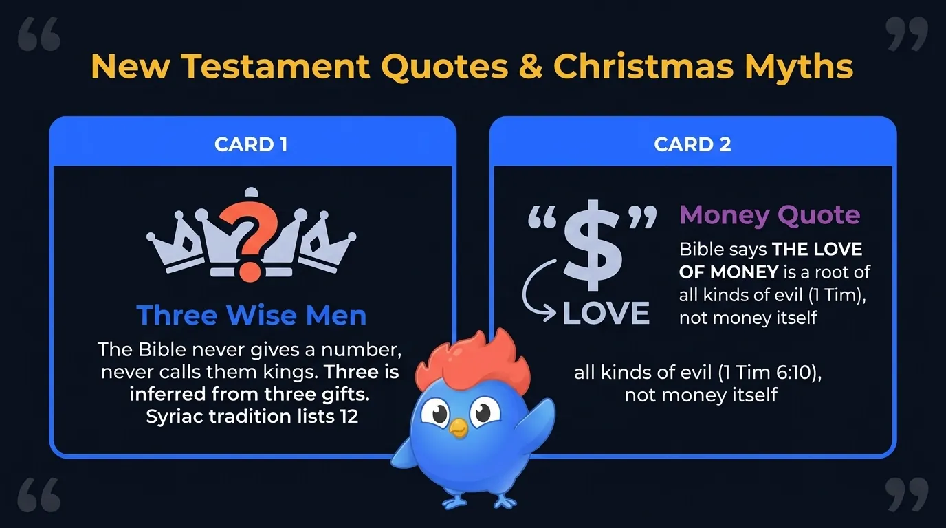 New Testament misconceptions: the Bible never gives a number for the wise men or calls them kings (Matthew calls them magoi from the east), the famous misquote 'money is the root of all evil' actually says 'the love of money is a root of all kinds of evil' in 1 Timothy 6:10
