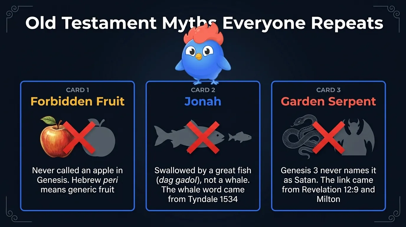 Old Testament misconceptions: forbidden fruit was never called an apple in Hebrew (peri means generic fruit), Jonah was swallowed by a great fish (dag gadol) not a whale, the serpent in the Garden of Eden is never called Satan in Genesis