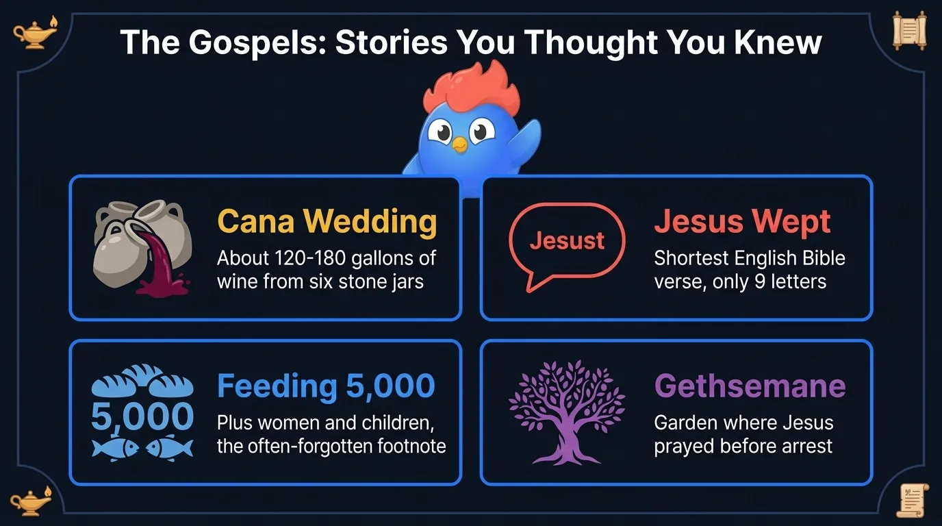 New Testament Gospel facts: Cana wedding produced 120-180 gallons of wine from six stone jars, John 11:35 'Jesus wept' is the shortest English Bible verse with 9 letters, Jesus fed 5000 men plus women and children, Gethsemane was the garden where Jesus prayed before arrest