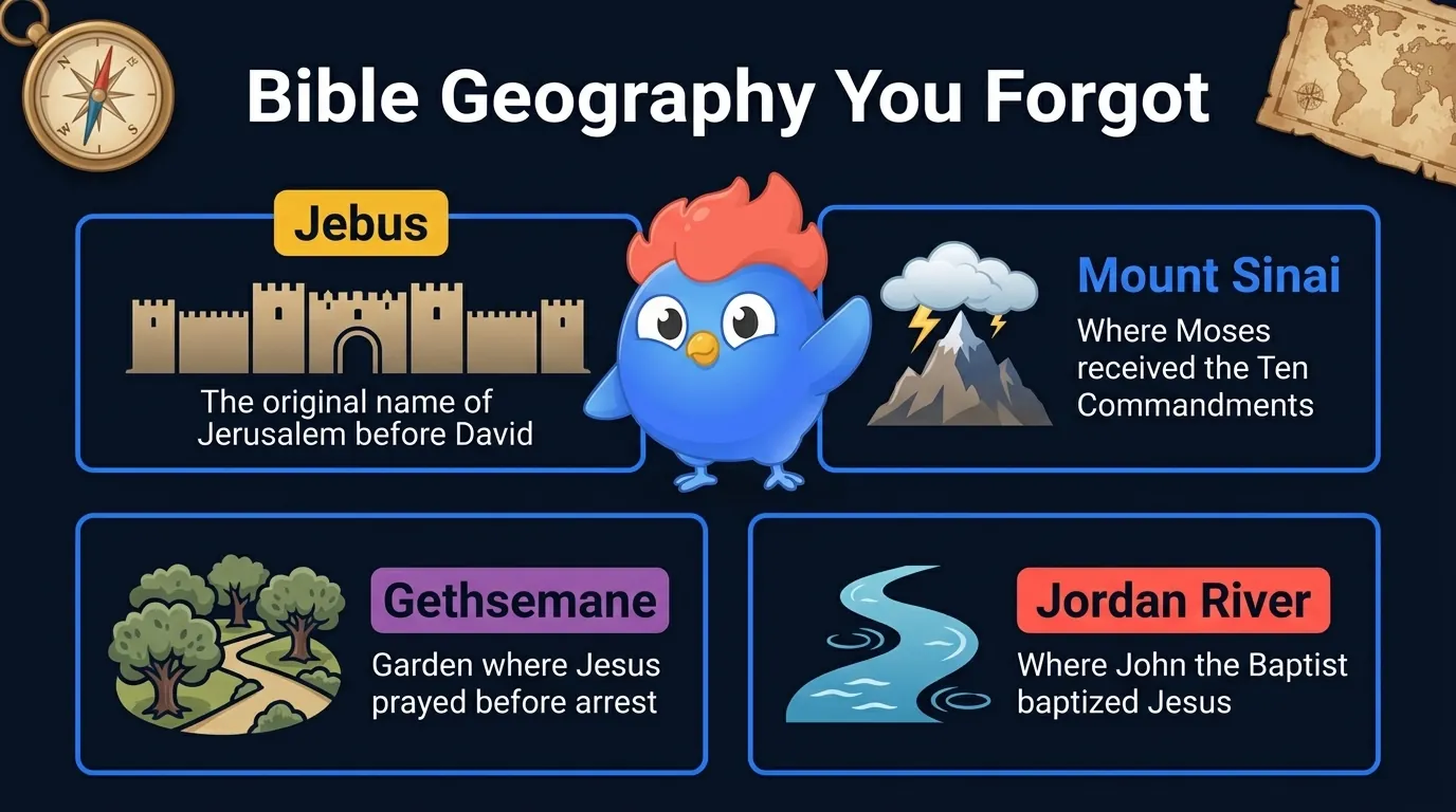 Bible geography facts: Jebus was the original name of Jerusalem before David captured it, Mount Sinai is where Moses received the Ten Commandments, Gethsemane is the garden where Jesus prayed before his arrest, the Jordan River is where John the Baptist baptized Jesus
