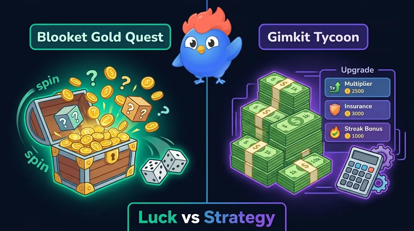 Blooket Gold Quest random treasure chest rewards with luck and dice vs Gimkit Tycoon virtual cash upgrade shop with Multiplier, Insurance, and Streak Bonus strategy options