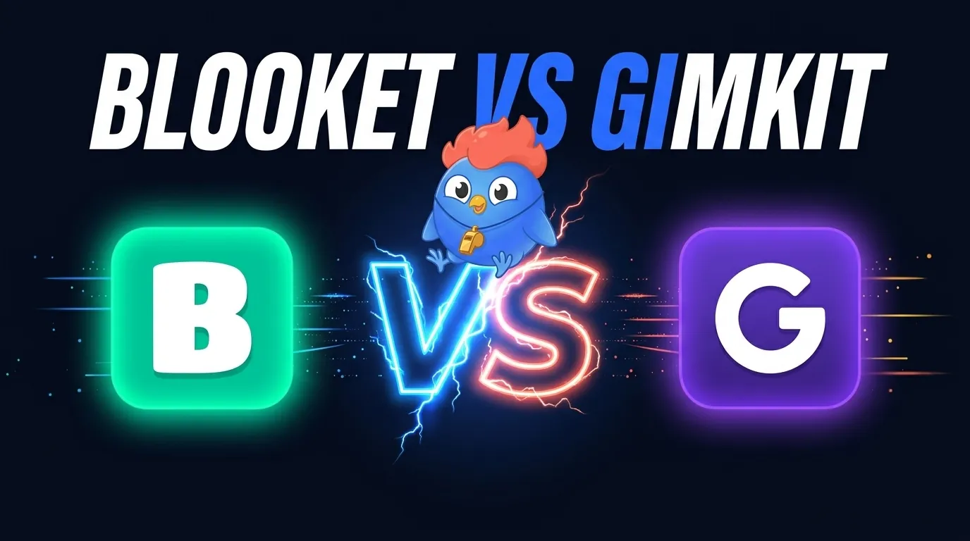 Blooket vs Gimkit comparison: Blooket teal strategy games with collectible Blooks vs Gimkit purple in-game economy with virtual cash upgrades, Clash mascot as neutral referee