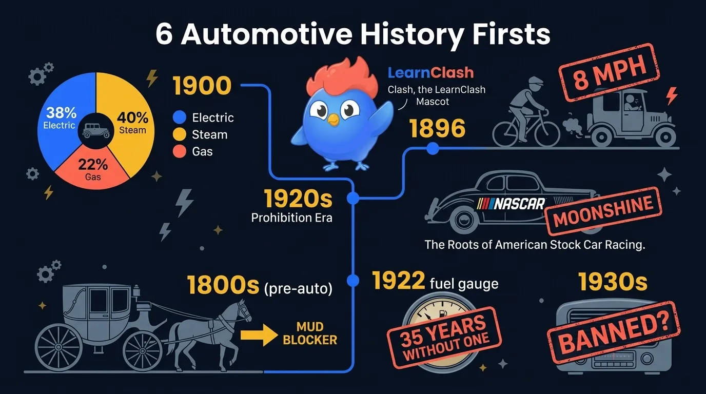 6 premières de l'histoire automobile : les voitures électriques dominaient en 1900, la première contravention pour excès de vitesse à 13 km/h, NASCAR né de la contrebande, pas de jauge de carburant avant 1922, le tableau de bord bloquait la boue des chevaux, l'autoradio a failli être interdit