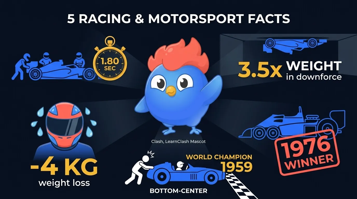 5 faits course et sport automobile : arrêt au stand F1 en 1,80 secondes, les F1 pourraient rouler à l'envers, les pilotes perdent 4 kg par course, la Tyrrell F1 à six roues a gagné, Brabham a poussé sa voiture pour remporter le championnat