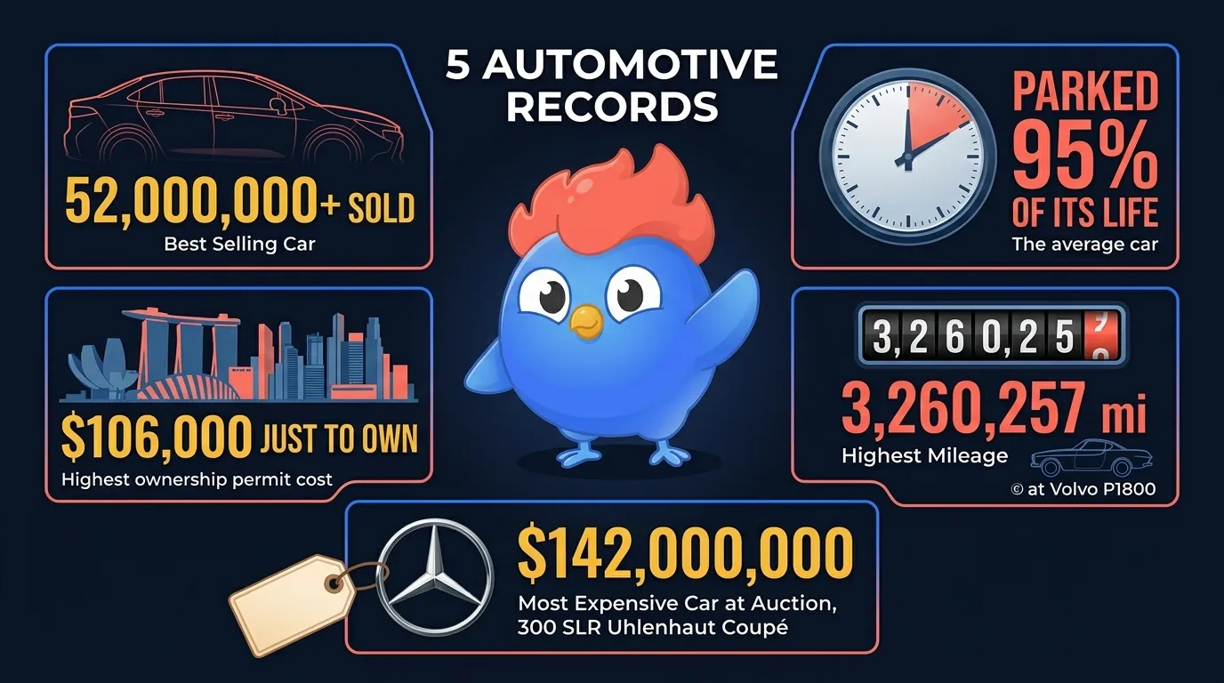 5 records automobiles : Toyota Corolla 52 M vendues, les voitures stationnent 95 % du temps, 106 000 $ à Singapour pour avoir le droit de posséder une voiture, la Volvo P1800 a roulé 5,25 millions de km, la voiture la plus chère vendue 142 M $