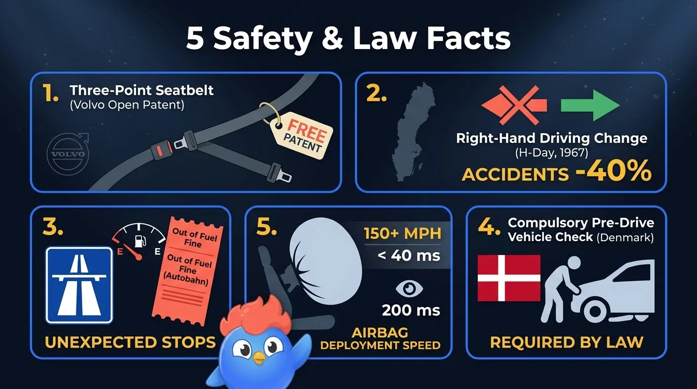 5 faits sécurité et lois automobiles : Volvo a donné le brevet de la ceinture, la Suède a changé de côté de conduite et les accidents ont baissé, tomber en panne d'essence est illégal sur l'Autobahn, vérifier sous la voiture s'il y a des enfants au Danemark, les airbags se déploient plus vite qu'un clignement d'œil