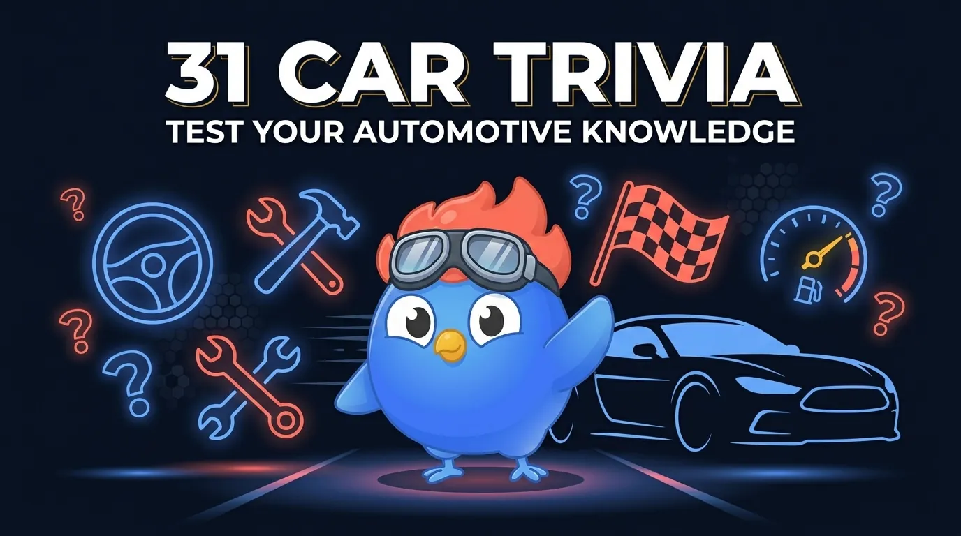 31 questions quiz voitures couvrant les origines des marques, les inventions, les records automobiles, les faits F1, les premières historiques et les lois de conduite étranges avec niveaux de difficulté