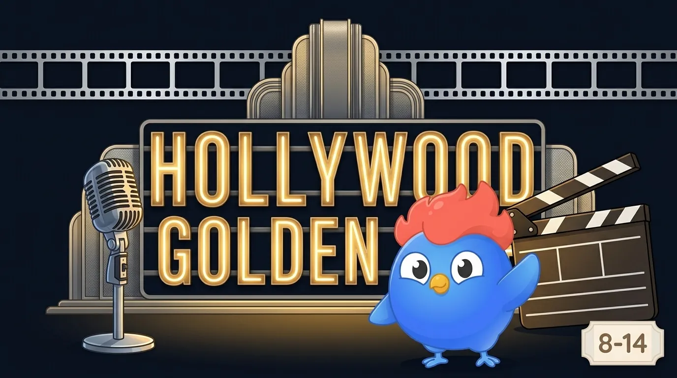 Infographie Âge d'or d'Hollywood : trois néons de marquise rétro, bobine de film et microphone à ruban en doré, sur fond bleu marine sombre