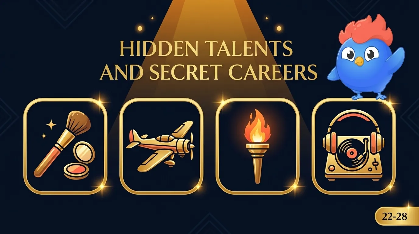 Collage Talents cachés : icônes plates d'un pinceau de maquillage, d'un petit avion, d'une torche de cracheur de feu et d'un casque DJ, sur toile bleu marine avec accents or chaud