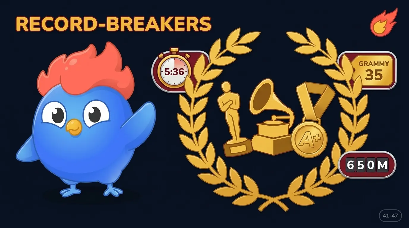 Infographie Records historiques : grappe de trophées avec chronomètre 5 :36, flamme de série et silhouettes de médailles dorées, sur bleu marine sombre avec accents or chaud et cramoisi profond