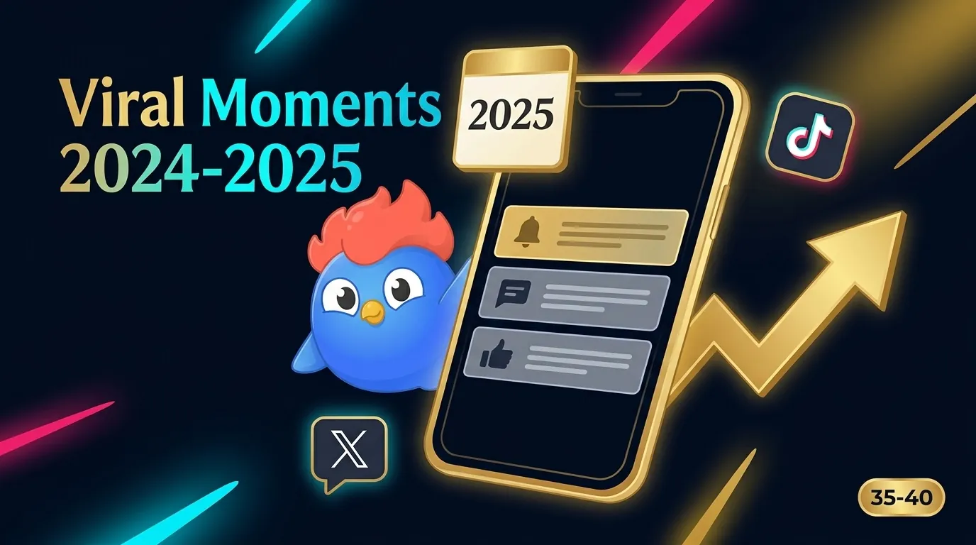 Infographie Virale 2024-2025 : badges de notifications smartphone, repère calendrier 2025 et flèche de tendance dorée sur bleu marine sombre