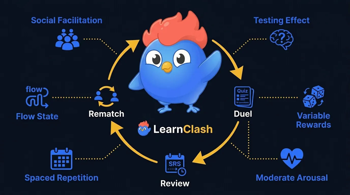 Schéma systémique montrant six principes scientifiques (facilitation sociale, effet de test, récompenses variables, activation modérée, répétition espacée, état de flow) comme nœuds connectés au cycle de duel LearnClash : match, duel, révision et revanche