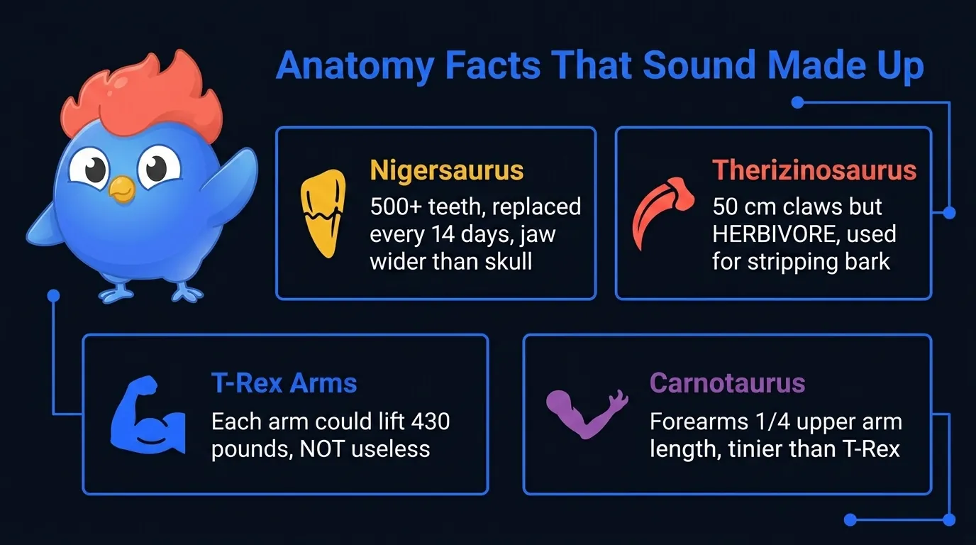 Dinosaur anatomy infographic: Nigersaurus 500+ teeth replaced every 14 days, Therizinosaurus 50 cm claws but herbivore, T-Rex arms could lift 430 pounds each, Carnotaurus forearms one-quarter the length of upper arms
