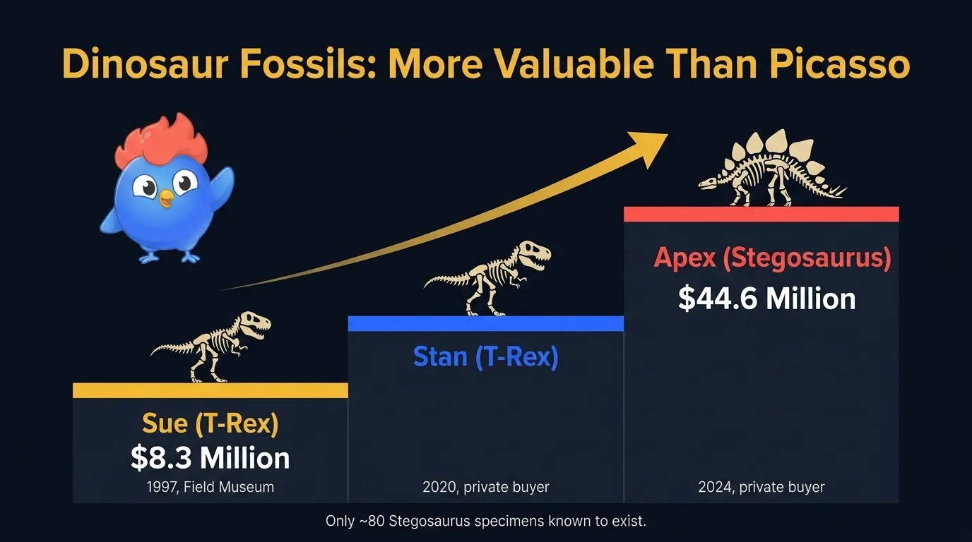 Dinosaur auction price history: Sue the T-Rex $8.3 million in 1997, Stan the T-Rex $31.8 million in 2020, Apex the Stegosaurus $44.6 million in 2024, with upward trend line