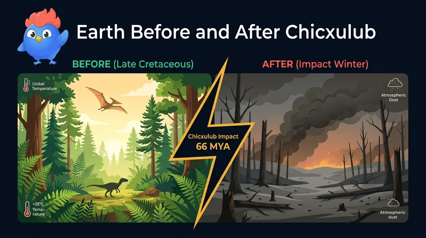 Before and after Chicxulub: left panel shows lush Late Cretaceous forest with sauropods and pterosaurs, right panel shows dust-blanketed impact winter with darkened skies and barren landscape