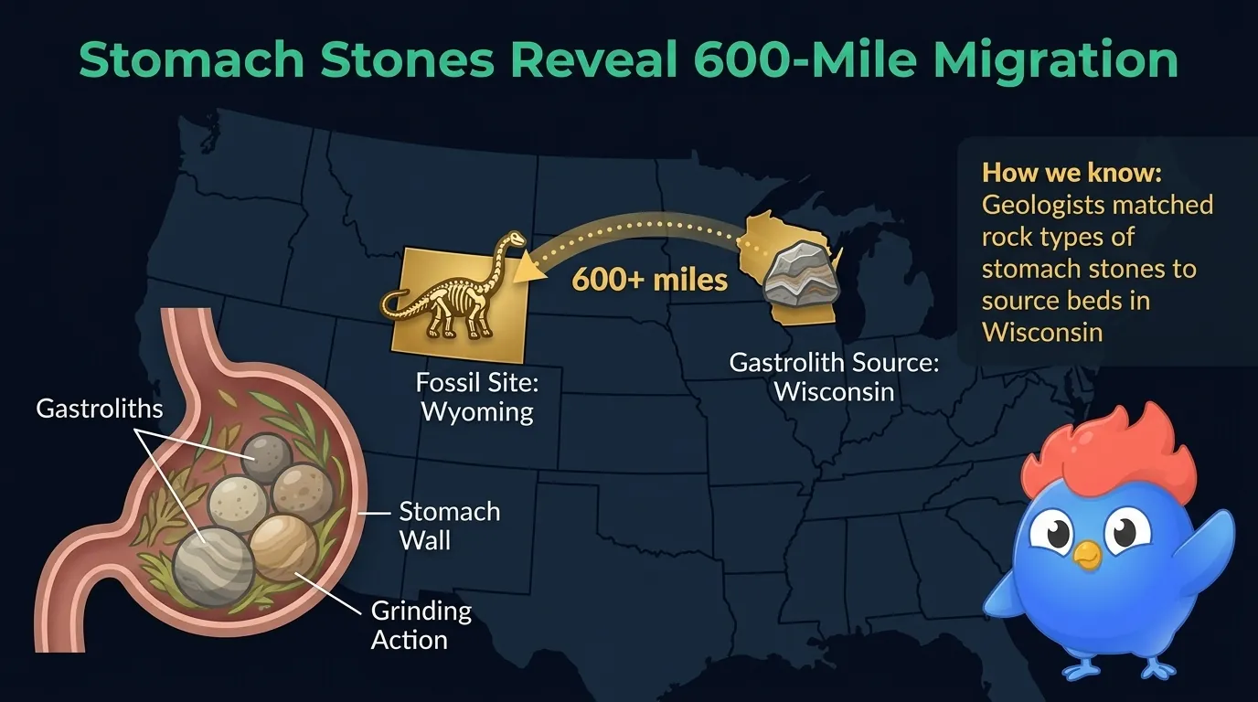 Sauropod migration map showing gastrolith stones found in Wyoming traced geologically to Wisconsin, a 600-mile journey across the Late Jurassic landscape