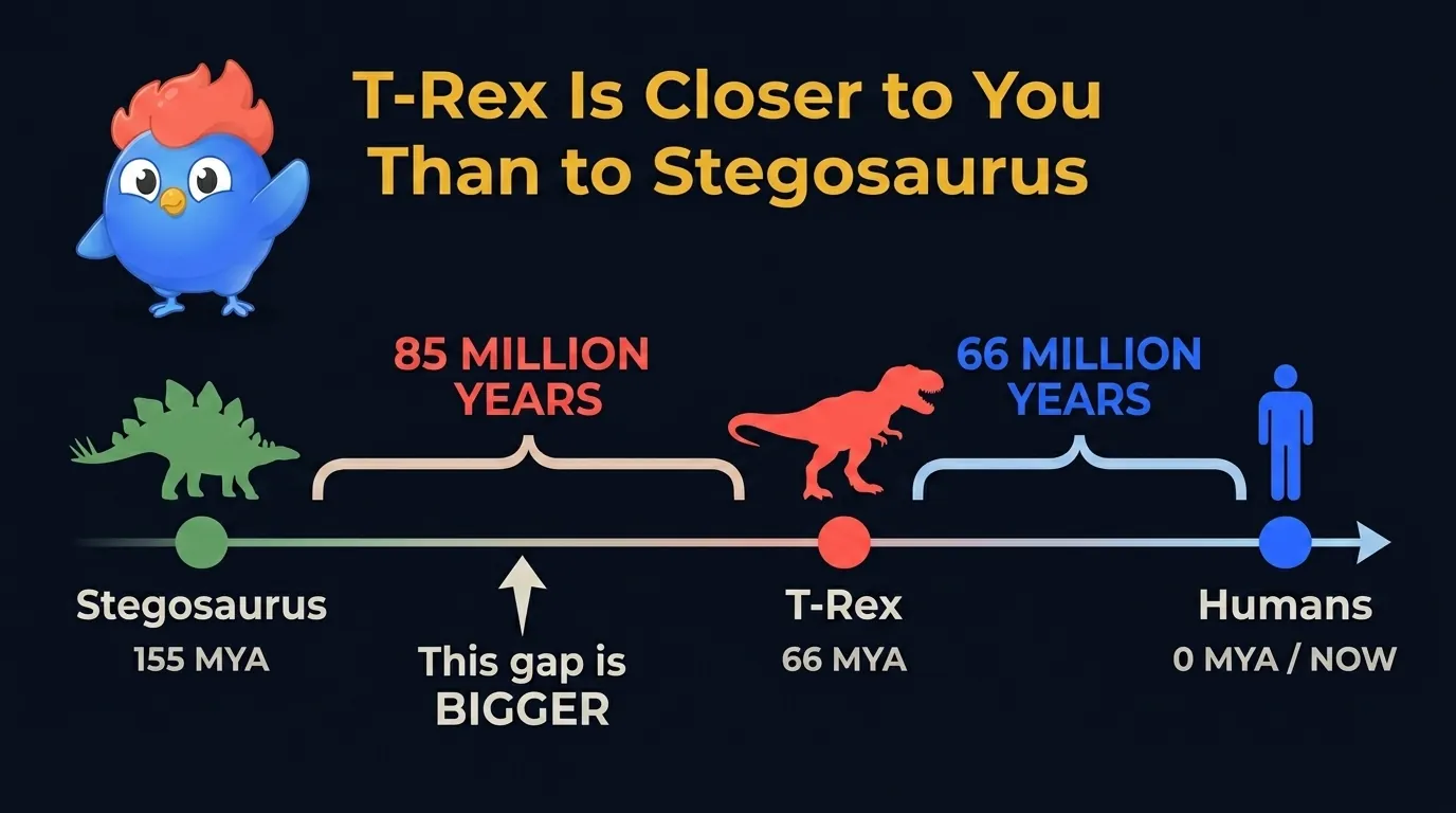 Deep time comparison: Stegosaurus at 155 MYA to T-Rex at 66 MYA is 85 million year gap, T-Rex at 66 MYA to humans at 0.3 MYA is 66 million year gap, with scale bar showing T-Rex is closer to us
