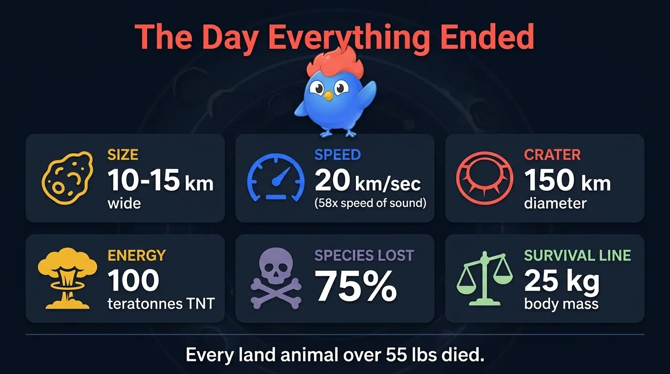 Chicxulub extinction infographic: asteroid 10-15 km wide, impact speed 20 km per second, crater 150 km diameter, energy 100 teratonnes TNT, 75 percent of species extinct, survival threshold 25 kg body mass